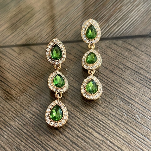 Monet Green & Clear Tear Drop Rhinestone Dangle Earrings - Picture 3 of 15
